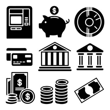 Bankamatik, domuz kumbarası, güvenli, kredi kartı, banka binası, madeni paralar ve beyaz arka planda izole edilmiş nakit para gibi finansal simgelerin toplanması