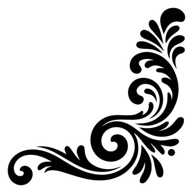 Beyaz arka planda izole edilmiş, çiçekli ve yapraklı siyah dekoratif köşe süsleri.