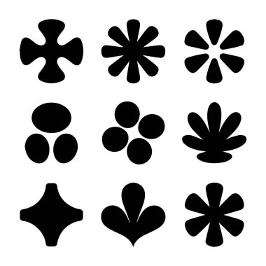 Beyaz arka planda izole edilmiş dokuz siyah, soyut çiçek ve geometrik şekil koleksiyonu