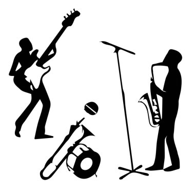 Bas gitarist, saksafoncu ve baterist silueti beyaz arka planda izole bir şekilde müzik yapıyor.