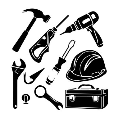 Çekiç, matkap, anahtar, tornavida, güvenlik kaskı ve beyaz arka planda izole edilmiş alet çantası da dahil olmak üzere inşaat ve onarım aletleri koleksiyonu