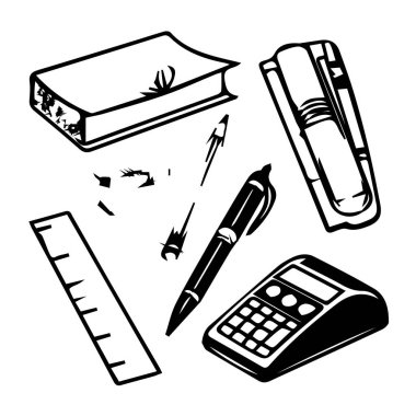 Bir kitap, kalem, cetvel, hesap makinesi ve kağıt içeren bir okul ve ofis malzemesi koleksiyonu, beyaz bir arka planda izole edilmiş.