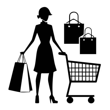Beyaz arka planda izole edilmiş alışveriş çantaları ve el arabası olan bir kadının silueti.