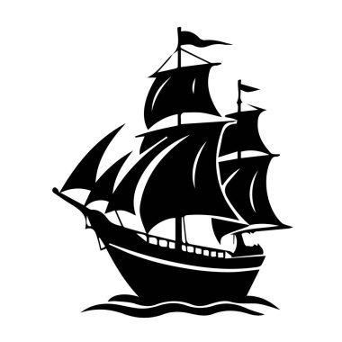 Beyaz bir arka planda izole edilmiş, macerayı ve deniz yolculuğunu temsil eden görkemli yelkenli bir geminin siyah silüeti.