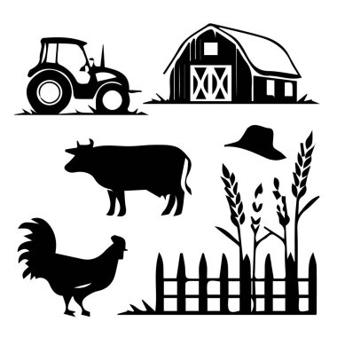 Beyaz arka planda izole edilmiş traktör, ahır, inek, horoz, buğday ve çitli çiftlik sahnesi silueti