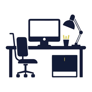 Bilgisayar, sandalye ve lambayla donatılmış modern ofis masası beyaz arka planda izole edilmiş.