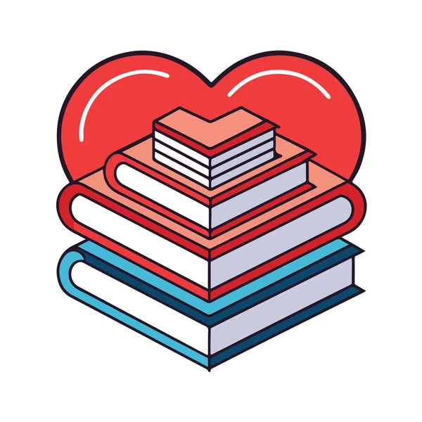 Bir kalp şekli oluşturan kitap yığını, okuma ve bilgi aşkını sembolize ediyor, beyaz arka planda izole edilmiş.