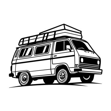 Çatı rafı ve poptop 'u olan klasik bir karavan, beyaz arka planda izole edilmiş, seyahat ve macera için klasik bir araç.