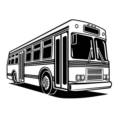 Beyaz arka planda izole edilmiş bir toplu taşıma otobüsünün siyah-beyaz çizimi