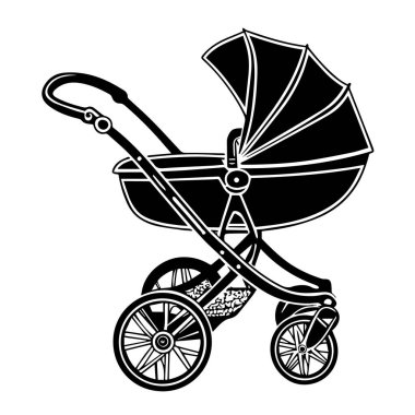 Beyaz arka planda izole edilmiş klasik bir bebek arabası veya bebek arabasının siyah-beyaz çizimi