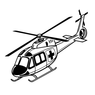 Beyaz arka planda izole edilmiş bir tıbbi helikopterin siyah beyaz çizimi.