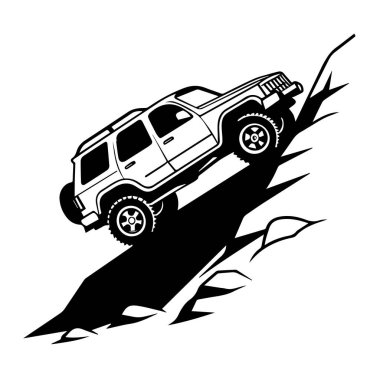 Dik, kayalık bir yamaca tırmanan, macerayı ve off-road kapasitesini sembolize eden dört çeker aracın siyah ve beyaz çizimi