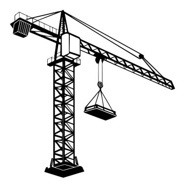 Beyaz arka planda izole edilmiş yük kaldıran bir inşaat kulesi vincinin siyah beyaz çizimi.