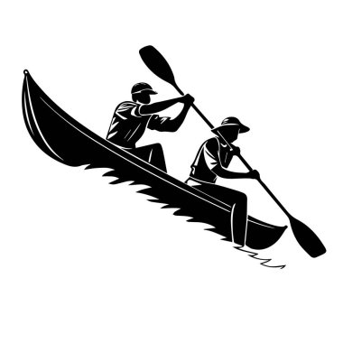 Beyaz arka planda izole bir kanoda birlikte kano süren iki insanın silueti.