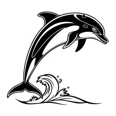 Beyaz arka planda izole bir şekilde bir yunusun dalgadan atladığını gösteren siyah beyaz bir çizim.