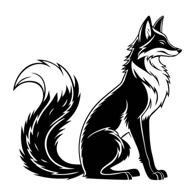 Beyaz arka planda izole edilmiş, çalı kuyruklu, oturan bir tilkinin siyah-beyaz çizimi.