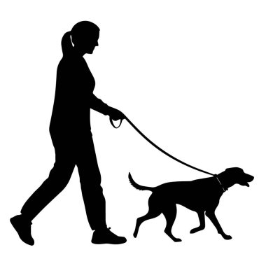 Beyaz arka planda, köpeğini tasmayla gezdiren bir kadının silüeti.