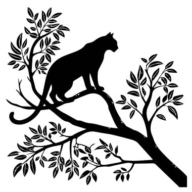 Bir ağaç dalına tünemiş siyah bir kedinin silueti, beyaz arka planda izole edilmiş.