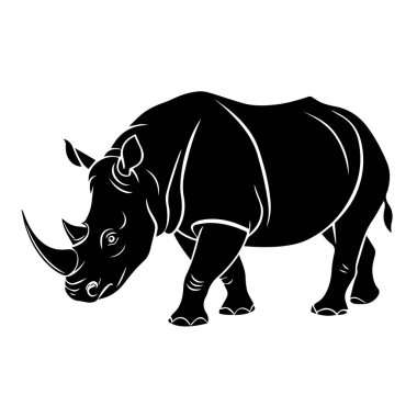 Siyah gergedan silueti beyaz arka planda izole edilmiş, güçlü ve ikonik bir Afrika memelisi.