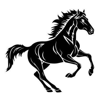 Hareket halindeki güçlü siyah at silueti, beyaz arka planda izole edilmiş, yelesi ve kuyruğu akan, özgürlüğü ve gücü temsil eden.