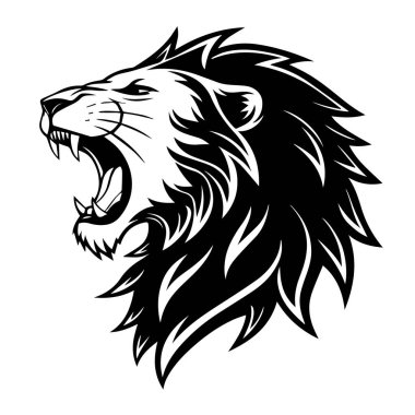 Kükreyen aslan kafası, açık ağızlı ve keskin dişli, siyah ve beyaz çizimler, beyaz arka planda izole edilmiş.