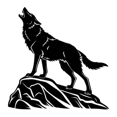 Beyaz arka planda izole edilmiş bir kayanın üzerinde uluyan bir kurt silueti.