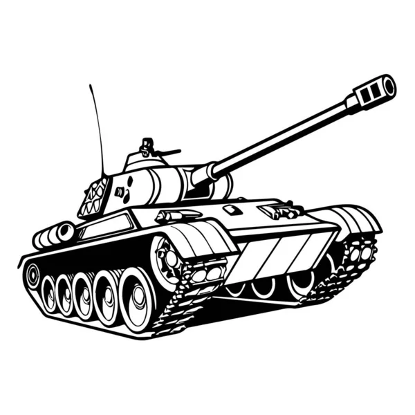 Topları genişletilmiş, beyaz arka planda izole edilmiş bir askeri tankın siyah beyaz çizimi.