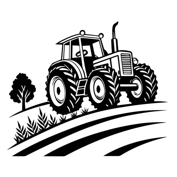 Beyaz arka planda izole edilmiş, arka planda ağaç olan bir traktörün siyah-beyaz çizimi