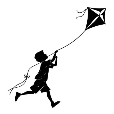 Beyaz arka planda soyutlanmış, uçurtma uçuran genç bir çocuğun silueti.