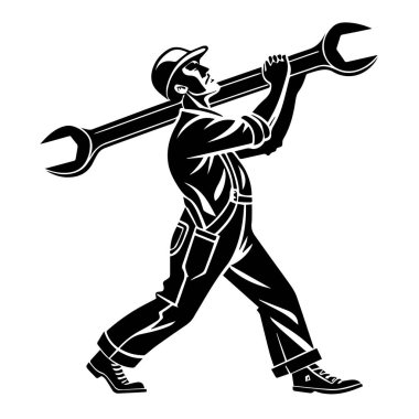 Güçlü inşaat işçisi omzunda büyük bir ingiliz anahtarı taşıyor, beyaz arka planda izole edilmiş.