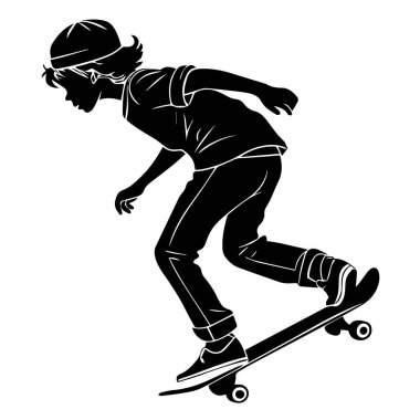 Genç bir kaykaycının silueti, beyaz arka planda izole edilmiş.