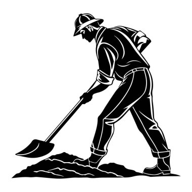Beyaz arka planda izole edilmiş kürekle kazan bir adamın silueti.