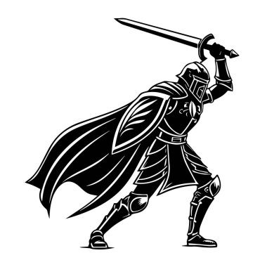 Beyaz arka planda soyutlanmış ve saldırıya hazır bir kılıç tutan ortaçağ şövalyesinin siyah ve beyaz çizimi.