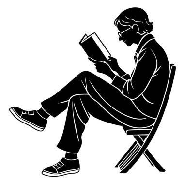 Gözlük takan ve günlük kıyafetler giyen bir kişinin silueti, bir sandalyeye oturup kitap okuyan, beyaz arka planda izole edilmiş.