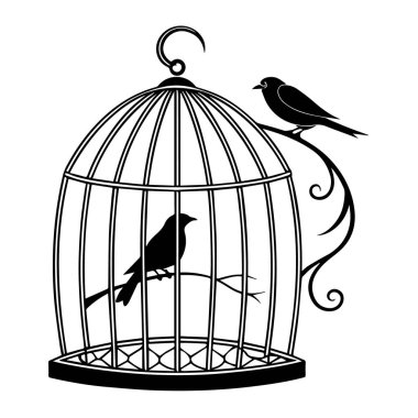 İki kuşun silueti, biri dekoratif bir kuş kafesinin içinde, diğeri de üzerine tünemiş, beyaz arka planda izole edilmiş.