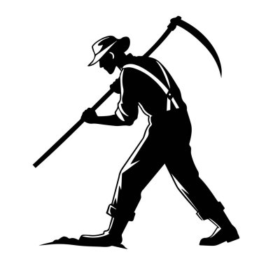 Beyaz arka planda izole edilmiş, tarımı ve hasatı sembolize eden bir çiftçinin silüeti.