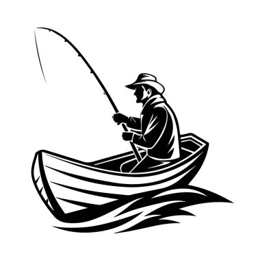 Dalgalı suda kayıkta otururken şapkalı bir balıkçının silueti olta atıyor.