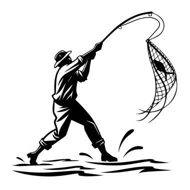 Balıkçı beyaz arka planda bir ağ ile büyük bir balık avlıyor.