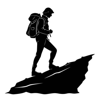 Sırt çantalı bir yürüyüşçünün silueti kayalık bir yamaca tırmanıyor, beyaz arka planda izole edilmiş.
