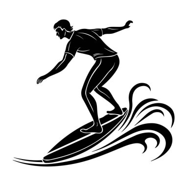 Sörf tahtasında sörf yapan bir sörfçünün silueti, beyaz arka planda izole edilmiş.