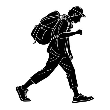 Sırt çantalı bir yürüyüşçünün silueti, beyaz arka planda izole edilmiş.