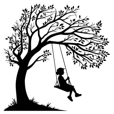 Beyaz arka planda izole edilmiş, büyük bir ağaç dalına asılı sallanan bir çocuğun silueti.