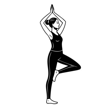 Yoga yapan kadın, vrksasana, beyaz arka planda izole edilmiş.