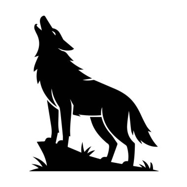 Beyaz arka plan teknolojisinde izole edilmiş, çimenli bir kayanın üzerinde uluyan bir kurt silueti.