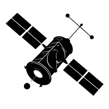Güneş panelleri ve antenli bir uydunun silueti, beyaz arka plan teknolojisi arka planında izole edilmiş