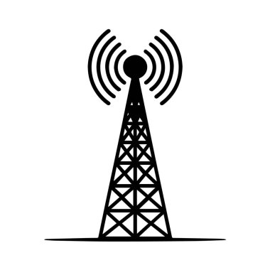 Tepeden yayılan sinyal dalgaları beyaz arka planda izole edilmiş bir radyo kulesinin siyah ve beyaz çizimi