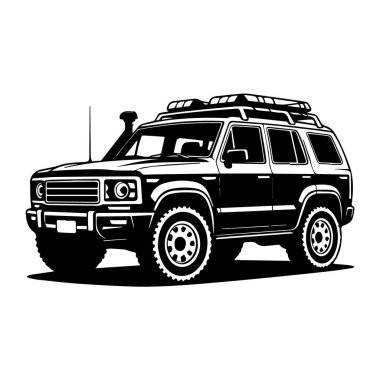 Beyaz arka planda izole edilmiş çatı rafı ve şnorkeli olan bir arazi aracının siyah beyaz çizimi