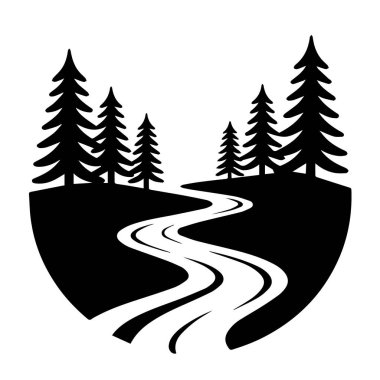 Beyaz arka plan teknolojisiyle izole edilmiş, çam ağaçlarıyla dolu bir orman arazisinden geçen kıvrımlı bir nehrin siyah beyaz çizimi.