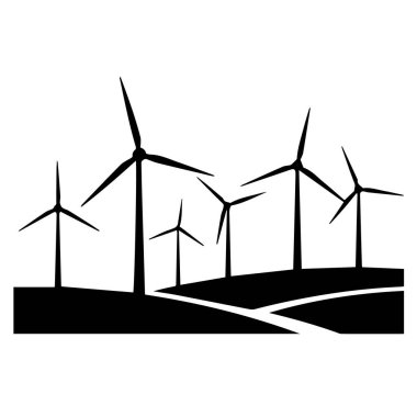Tepedeki rüzgar türbinlerinin silueti yenilenebilir enerji ve sürdürülebilir güç üretimini temsil ediyor, beyaz arka plan teknolojisinde izole edilmiş.