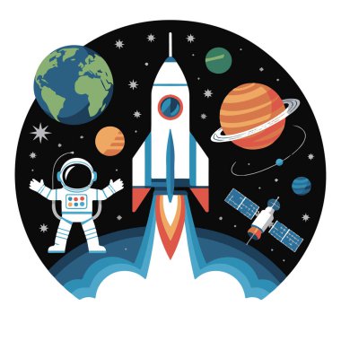 Bir astronot, gezegenler ve bir uyduyla uzaya fırlatılan bir roketin karikatür çizimi keşif ve macera teknolojisini simgeliyor.